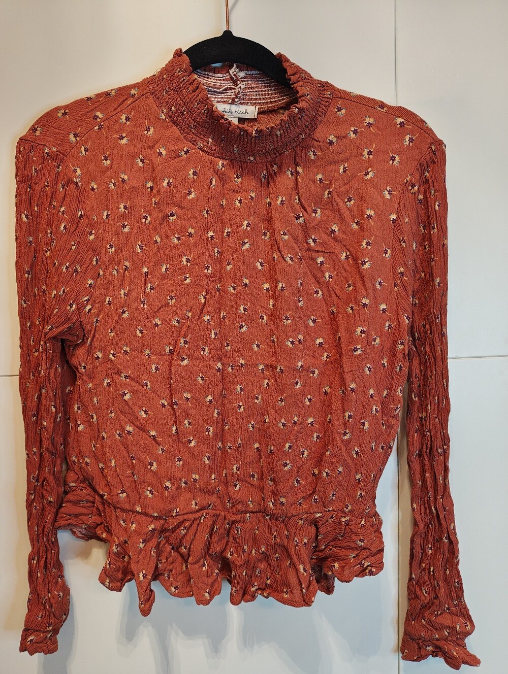 white birch rust floral smocked high neck ruffle peplum blouse size large